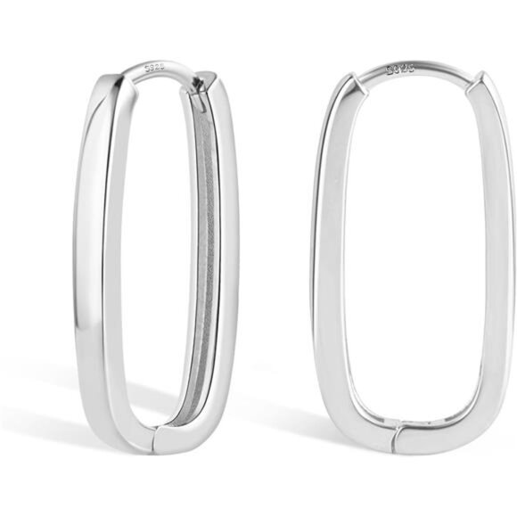 925 Sterling Silver Rectangle Hoop Earrings for Women Silver Geometric - Picture 1 of 7